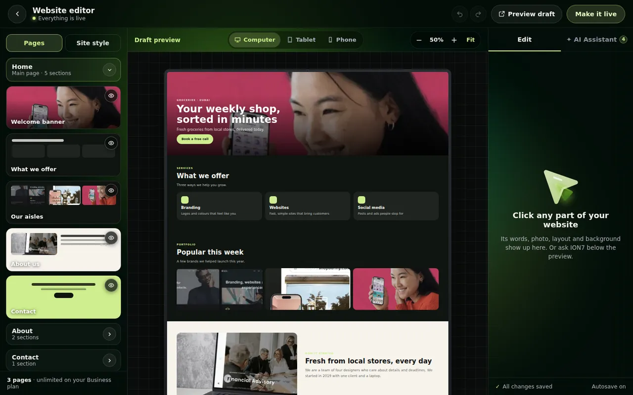 ION7 website editor for changing text, photos and colours yourself